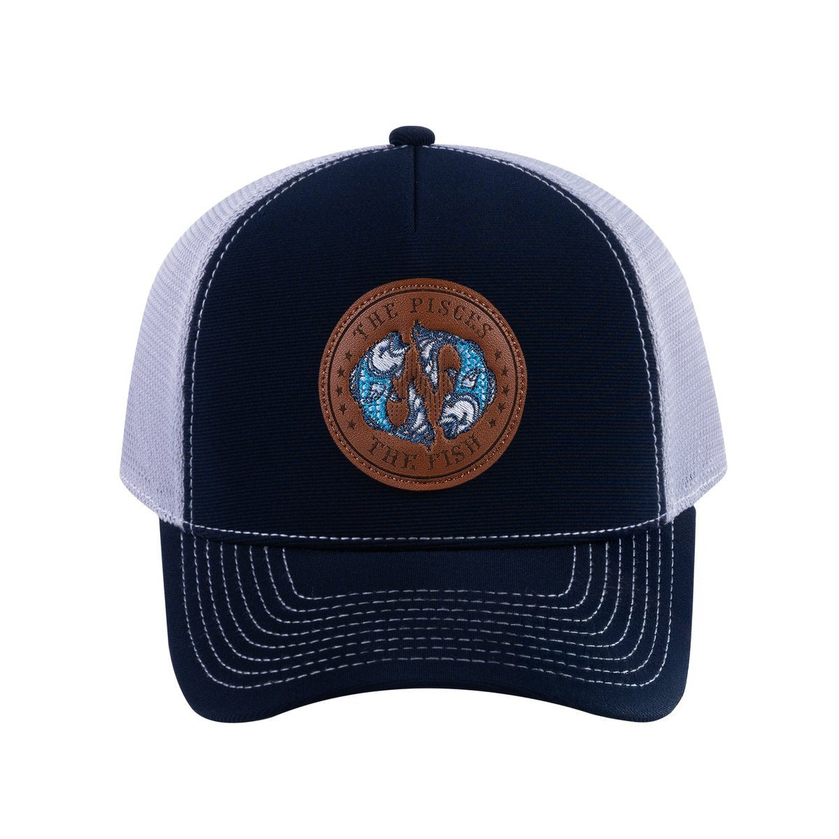 Pisces Zodiac V2 5-Panel Trucker Hat with Navy front and Light Grey back