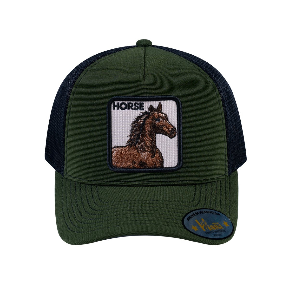 Horse V2 5-Panel Trucker Hat with Olive front and Black back