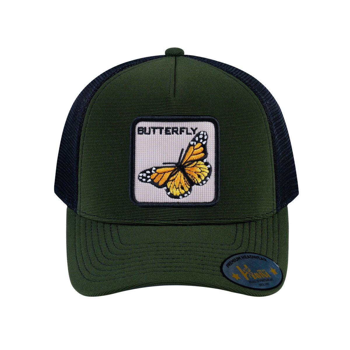 Butterfly V2 5-Panel Trucker Hat with Olive front and Black back