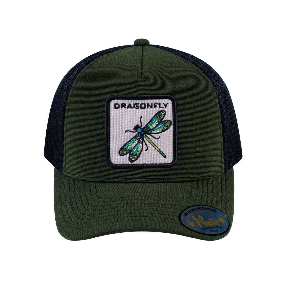 Dragonfly V2 5-Panel Trucker Hat with Olive front and Black back