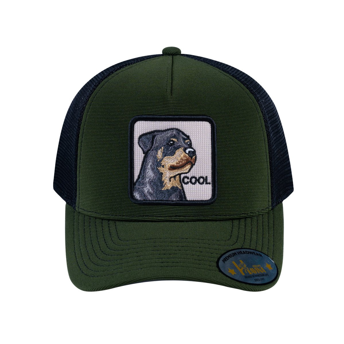 Dog V2 5-Panel Trucker Hat with Olive front and Black back