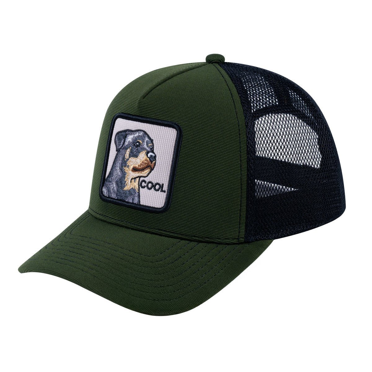 Dog V2 5-Panel Trucker Hat with Olive front and Black back