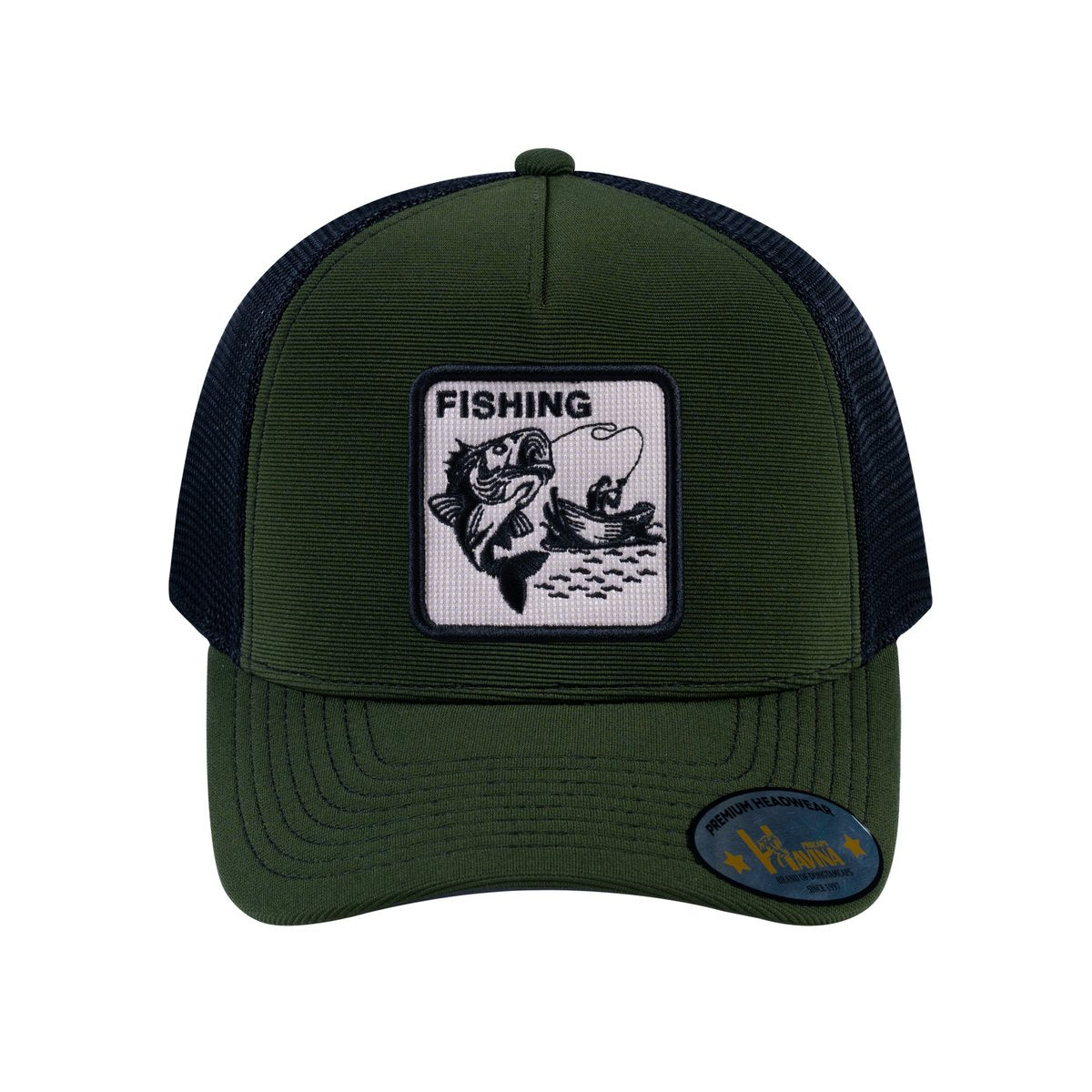 Fishing V2 5-Panel Trucker Hat with Olive front and Black back