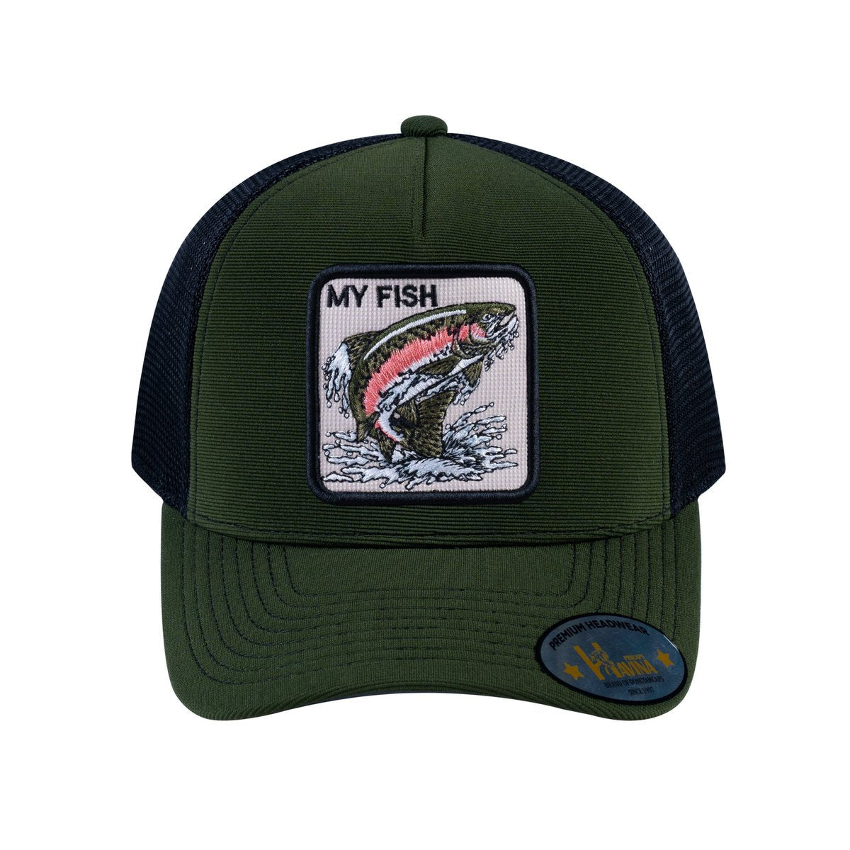 Salmon V2 5-Panel Trucker Hat with Olive front and Black back