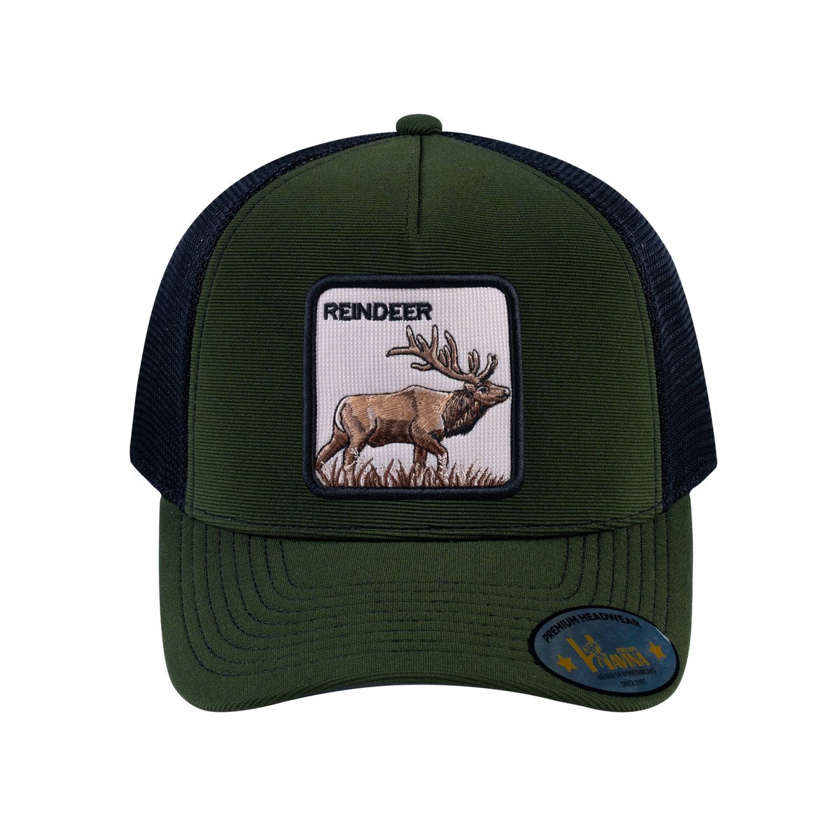 Reindeer V2 5-Panel Trucker Hat with Olive front and Black back