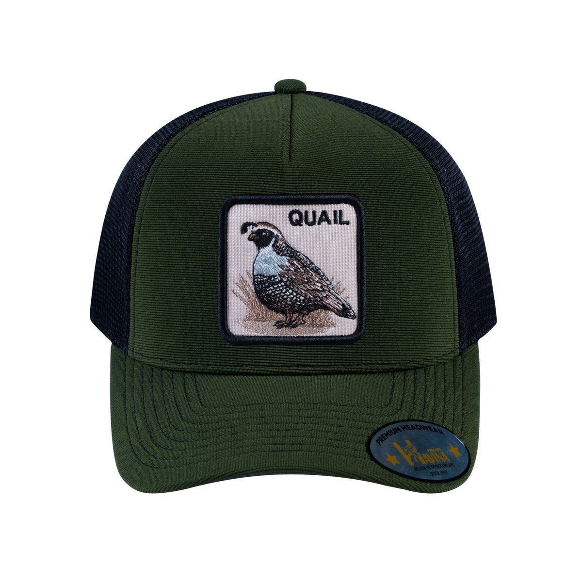 Quail V2 5-Panel Trucker Hat with Olive front and Black back