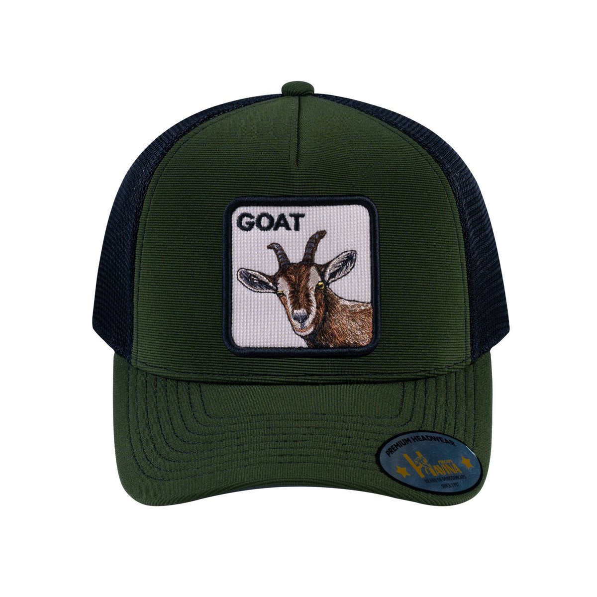 Goat V2 5-Panel Trucker Hat with Olive front and Black back