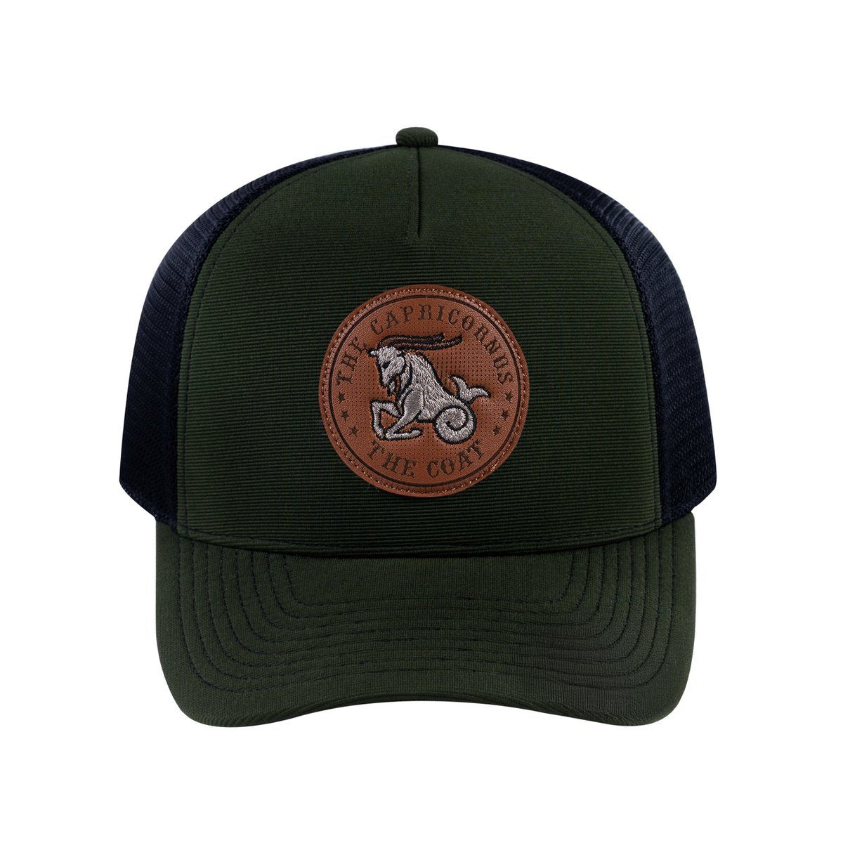 Capricorn Zodiac V2 5-Panel Trucker Hat with Olive front and Black back