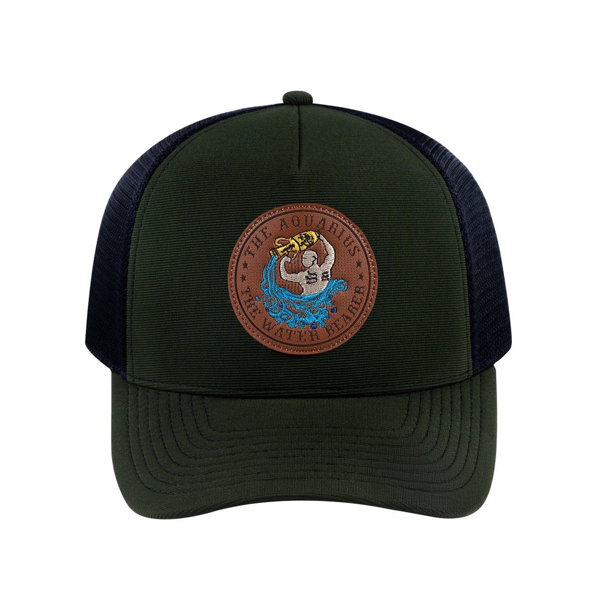 Aquarius Zodiac V2 5-Panel Trucker Hat with Olive front and Black back