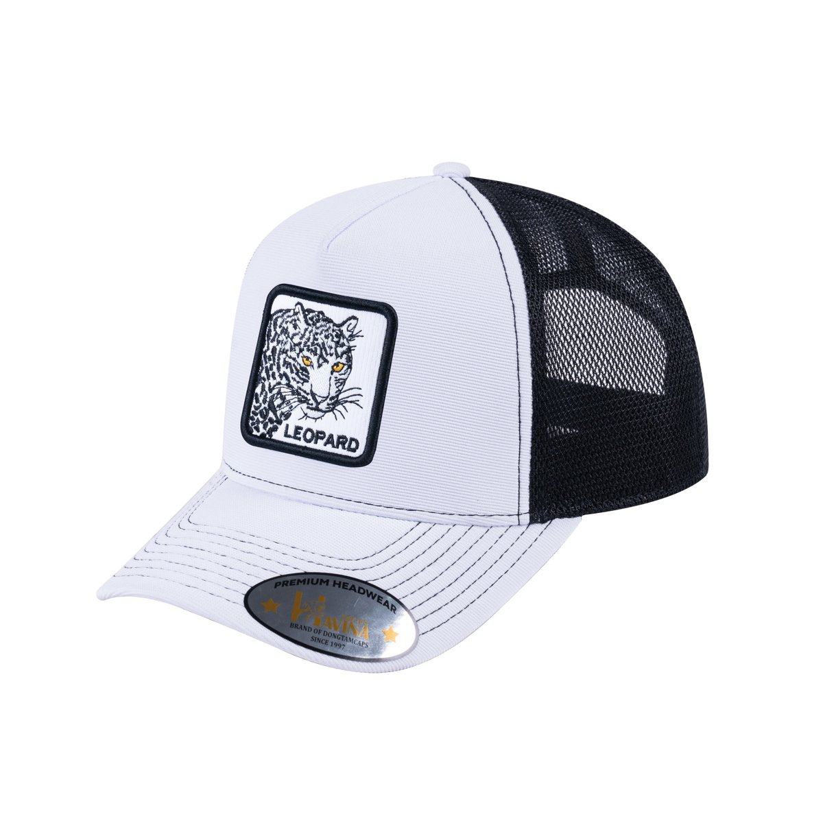 Leopard V2 5-Panel Trucker Hat with White front and Black back