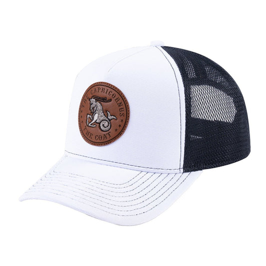 Capricorn Zodiac V2 5-Panel Trucker Hat with White front and Black back
