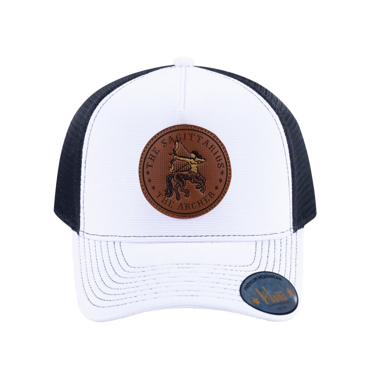 Sagittarius Zodiac V2 5-Panel Trucker Hat with White front and Black back
