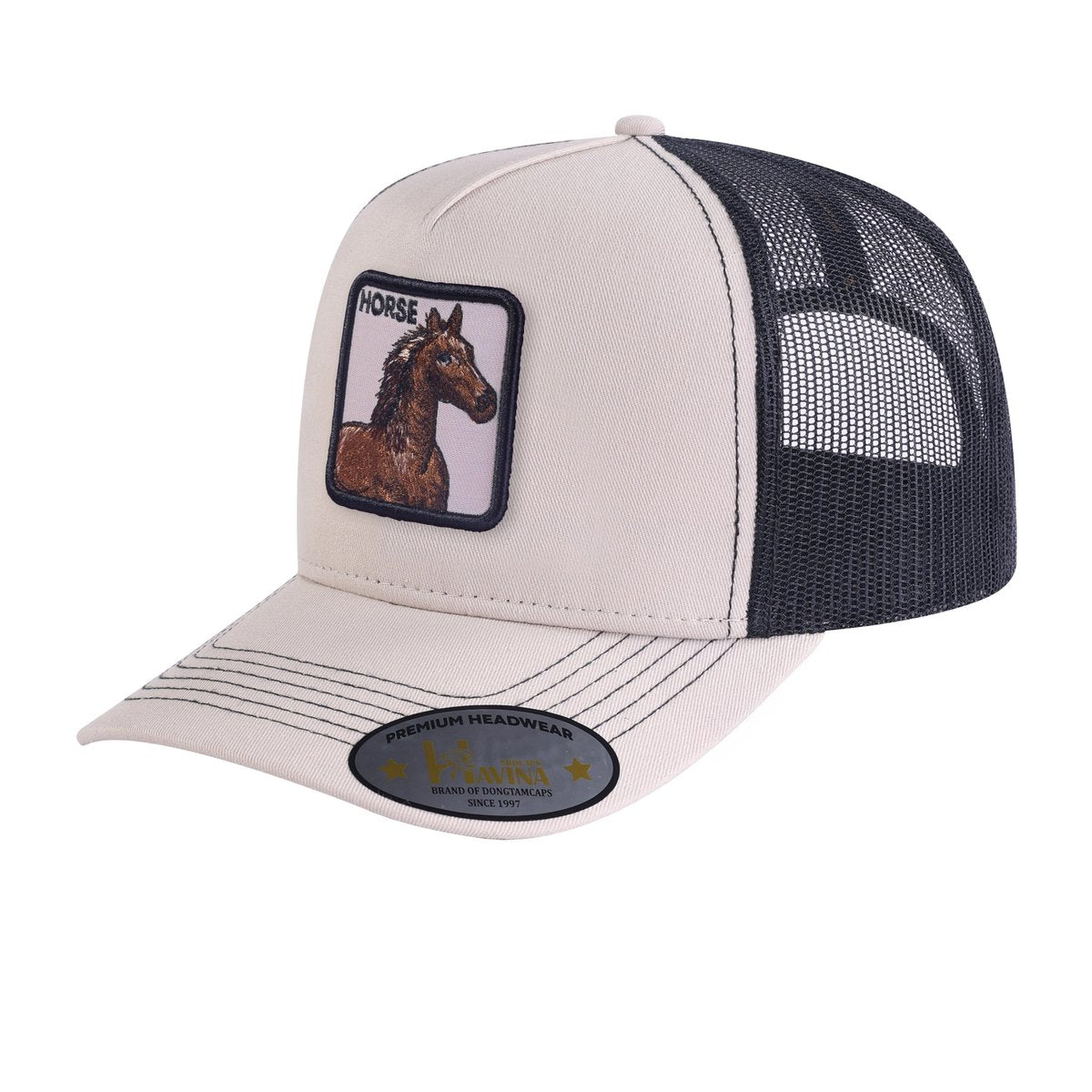 Horse 5-Panel Trucker Hat with Beige front and Black back
