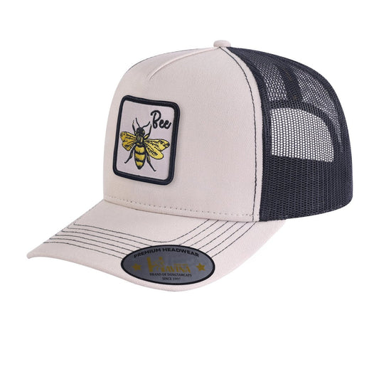 Bee 5-Panel Trucker Hat with Beige front and Black back