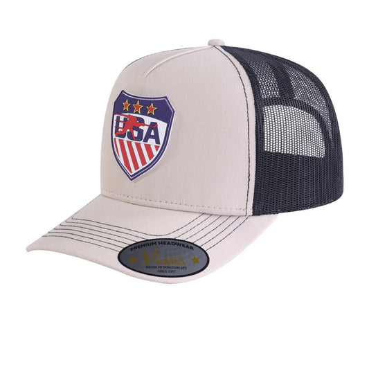 Embroidered US Loving Hockey - 5 Panel Trucker Hat - Beige