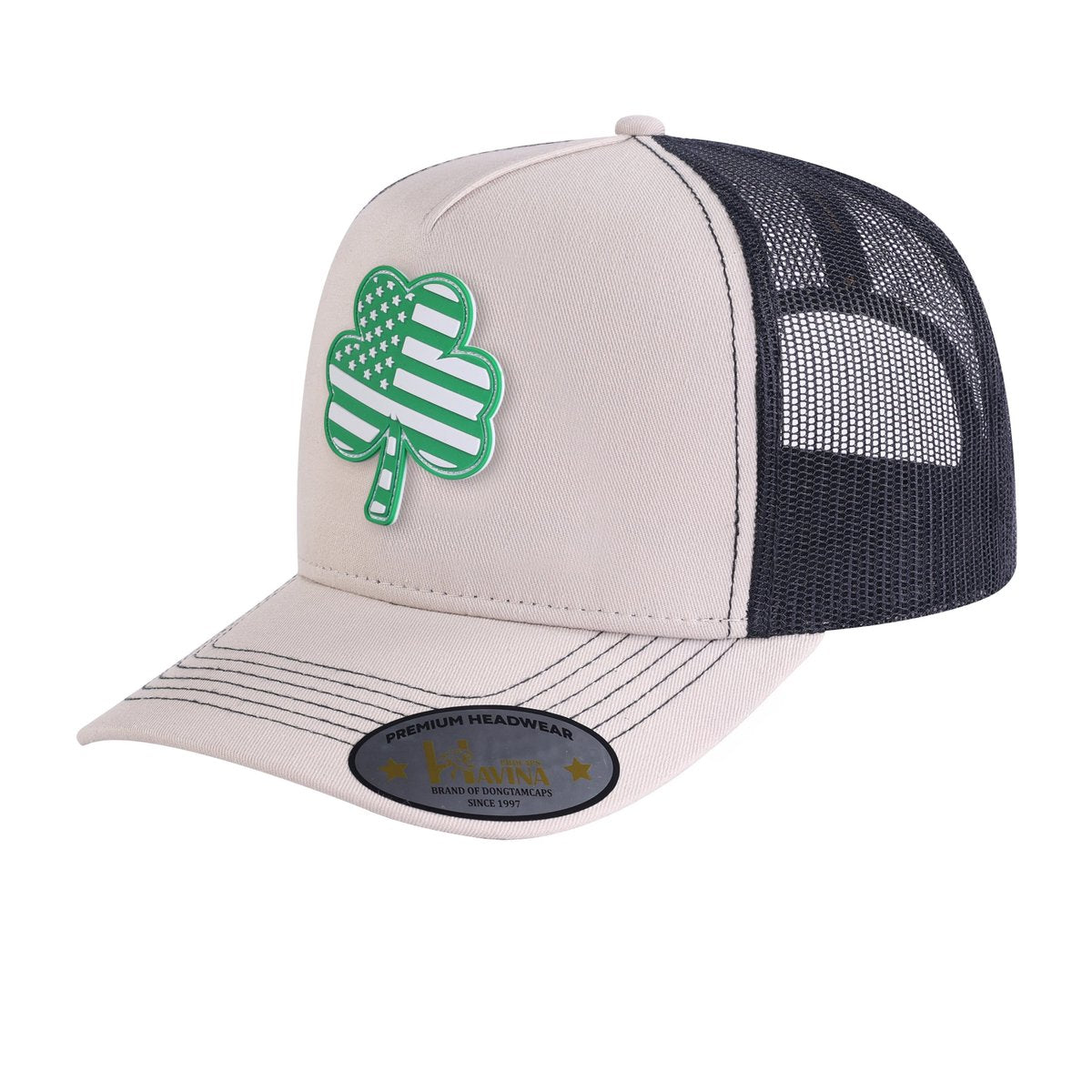 St. Patrick's Day Four Leaf Shamrock 5-Panel Trucker Hat with Beige front and Black back
