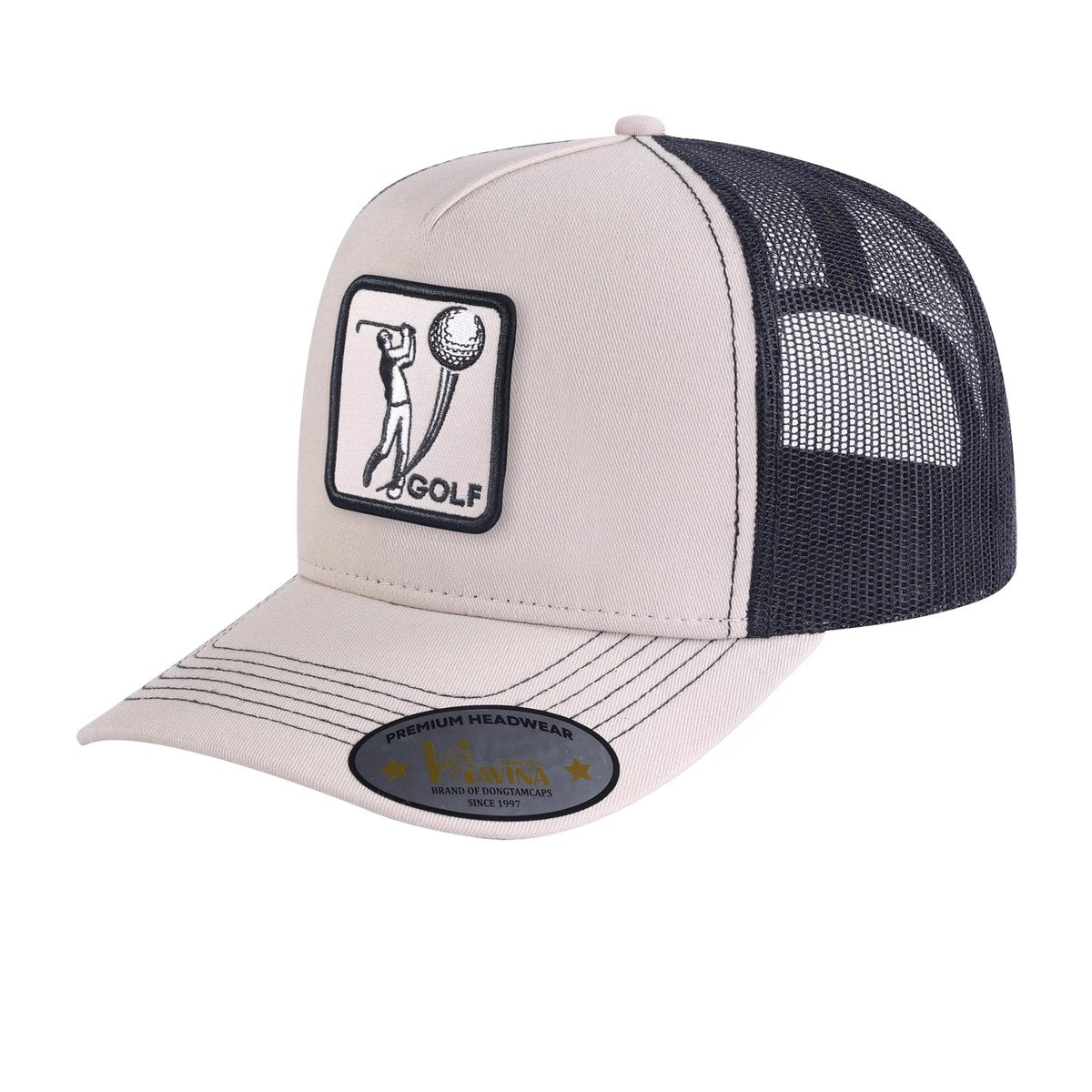 Golf 5-Panel Trucker Hat with Beige front and Black back