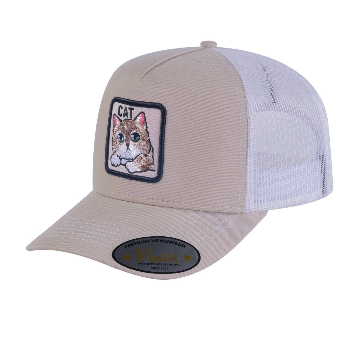 Cat 5-Panel Trucker Hat with Beige front and White back