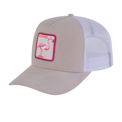 Flamingo 5-Panel Trucker Hat with Beige front and White back