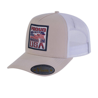 Proud to Say Made in USA 5-Panel Trucker Hat with Beige front and White back