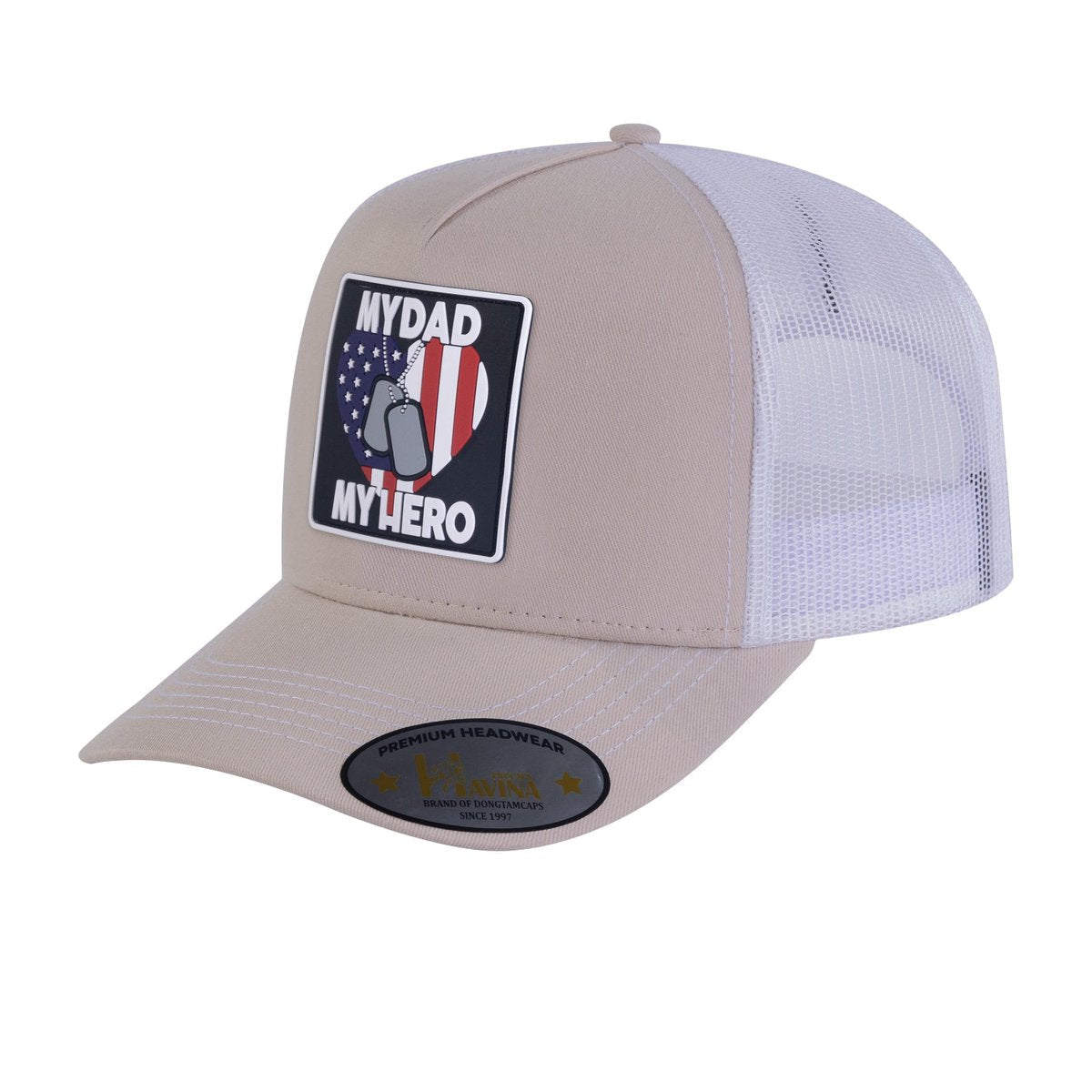 My Dad My Hero 5-Panel Trucker Hat with Beige front and White back