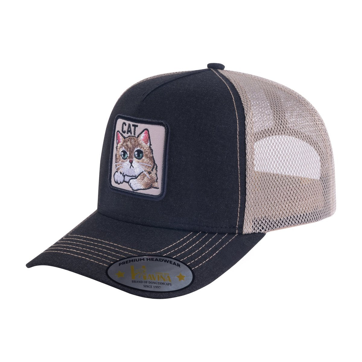 Cat 5-Panel Trucker Hat with Black front and Light Grey back