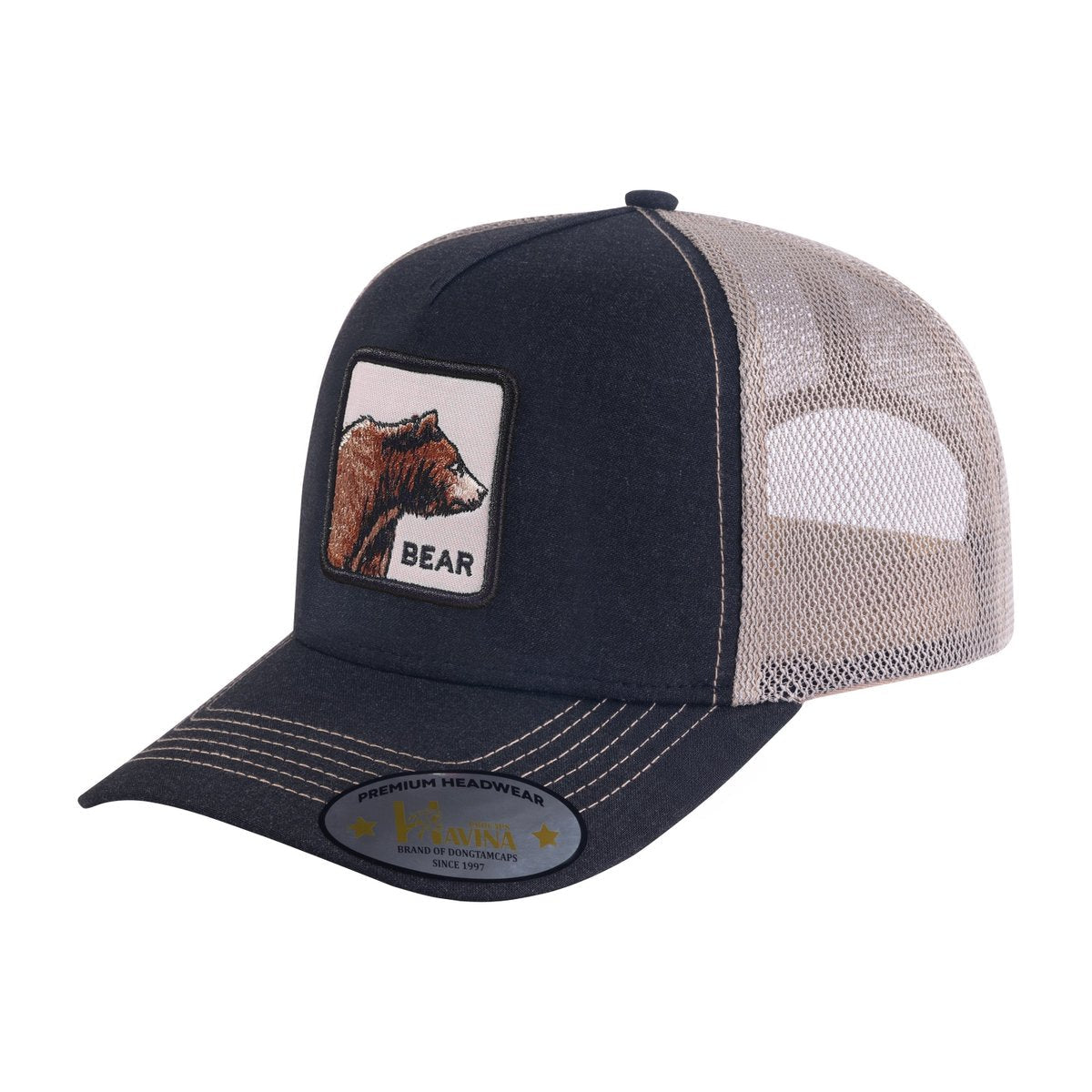Bear 5-Panel Trucker Hat with Black front and Khaki back