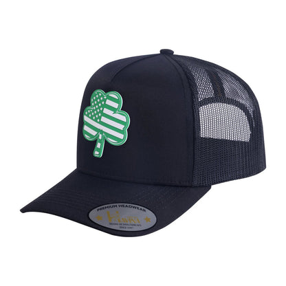St. Patrick's Day Four Leaf Shamrock 5-Panel Trucker Hat with Black front and Black back