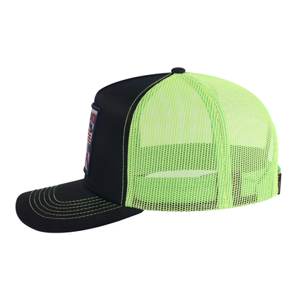 Proud to Say Made in USA 5-Panel Trucker Hat with Black front and Green back