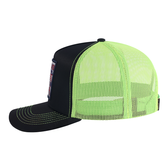 Proud to Say Made in USA 5-Panel Trucker Hat with Black front and Green back