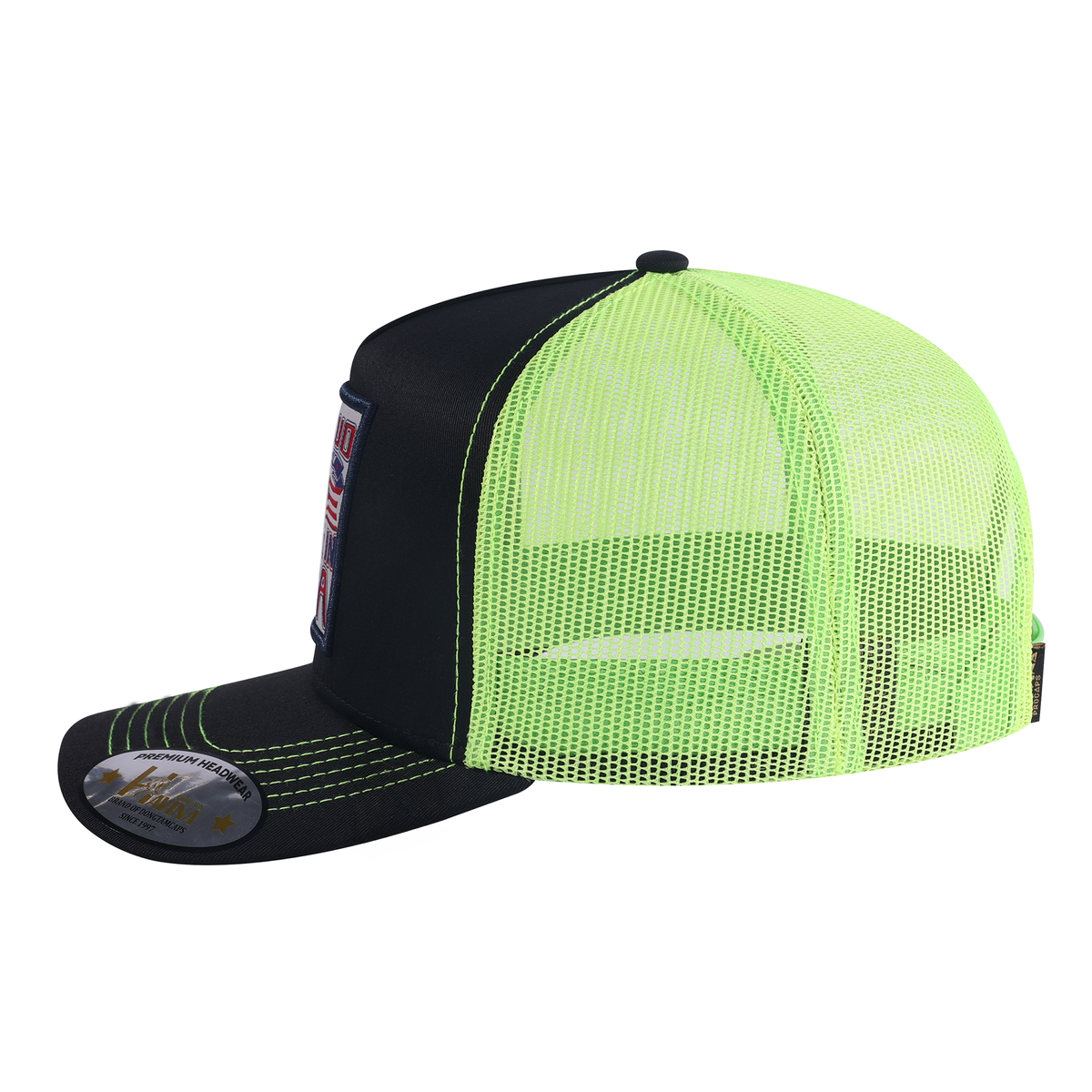Proud to Say Made in USA 5-Panel Trucker Hat with Black front and Green back