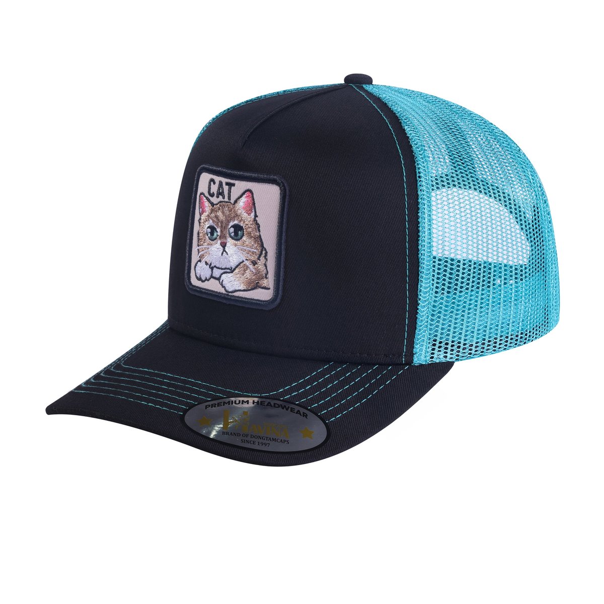 Cat 5-Panel Trucker Hat with Black front and Blue back
