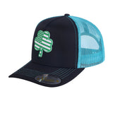 St. Patrick's Day Four Leaf Shamrock 5-Panel Trucker Hat with Black front and Blue back