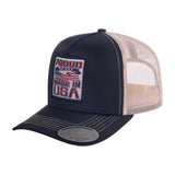 Proud to Say Made in USA 5-Panel Trucker Hat with Black front and Light Grey back