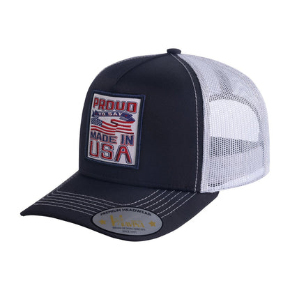 Proud to Say Made in USA 5-Panel Trucker Hat with Black front and White back