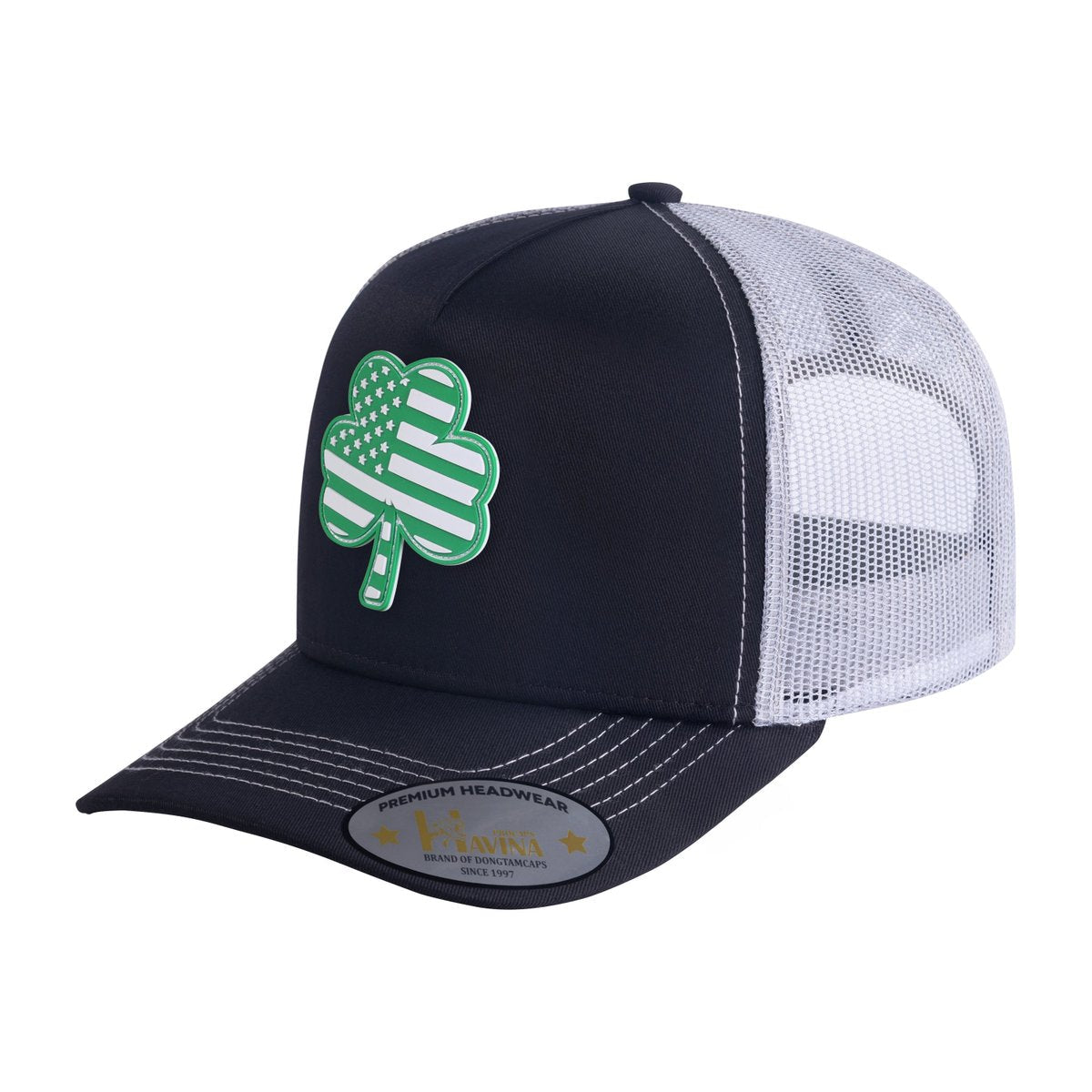 St. Patrick's Day Four Leaf Shamrock 5-Panel Trucker Hat with Black front and White back