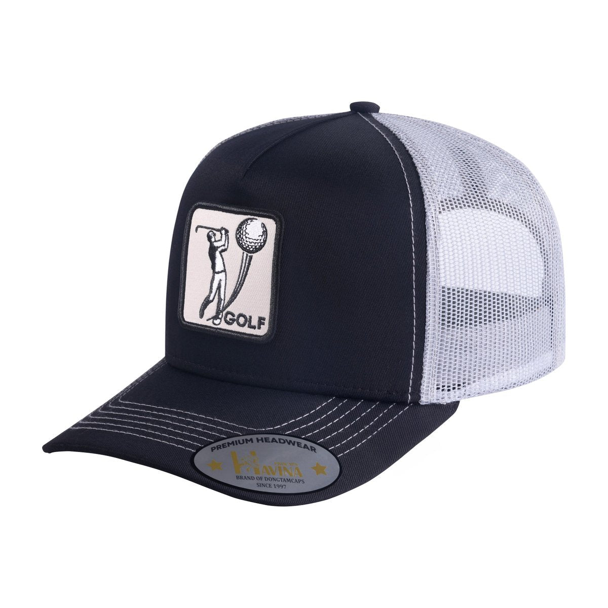 Embroidered Golf - 5 Panel Trucker Hat - Black - Black-W