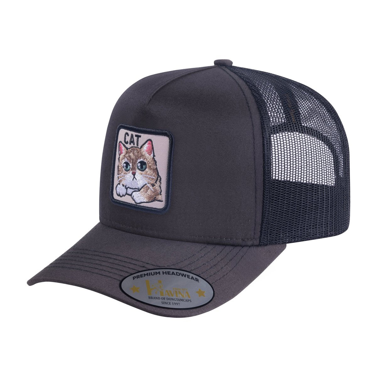 Cat 5-Panel Trucker Hat with Dark Grey front and Black back