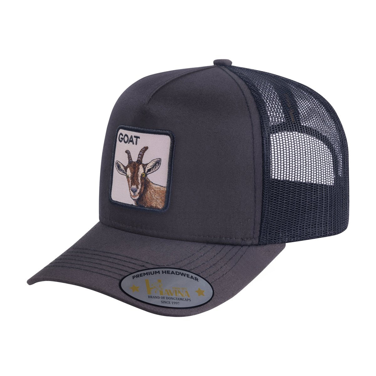 Goat 5-Panel Trucker Hat with Dark Grey front and Black back