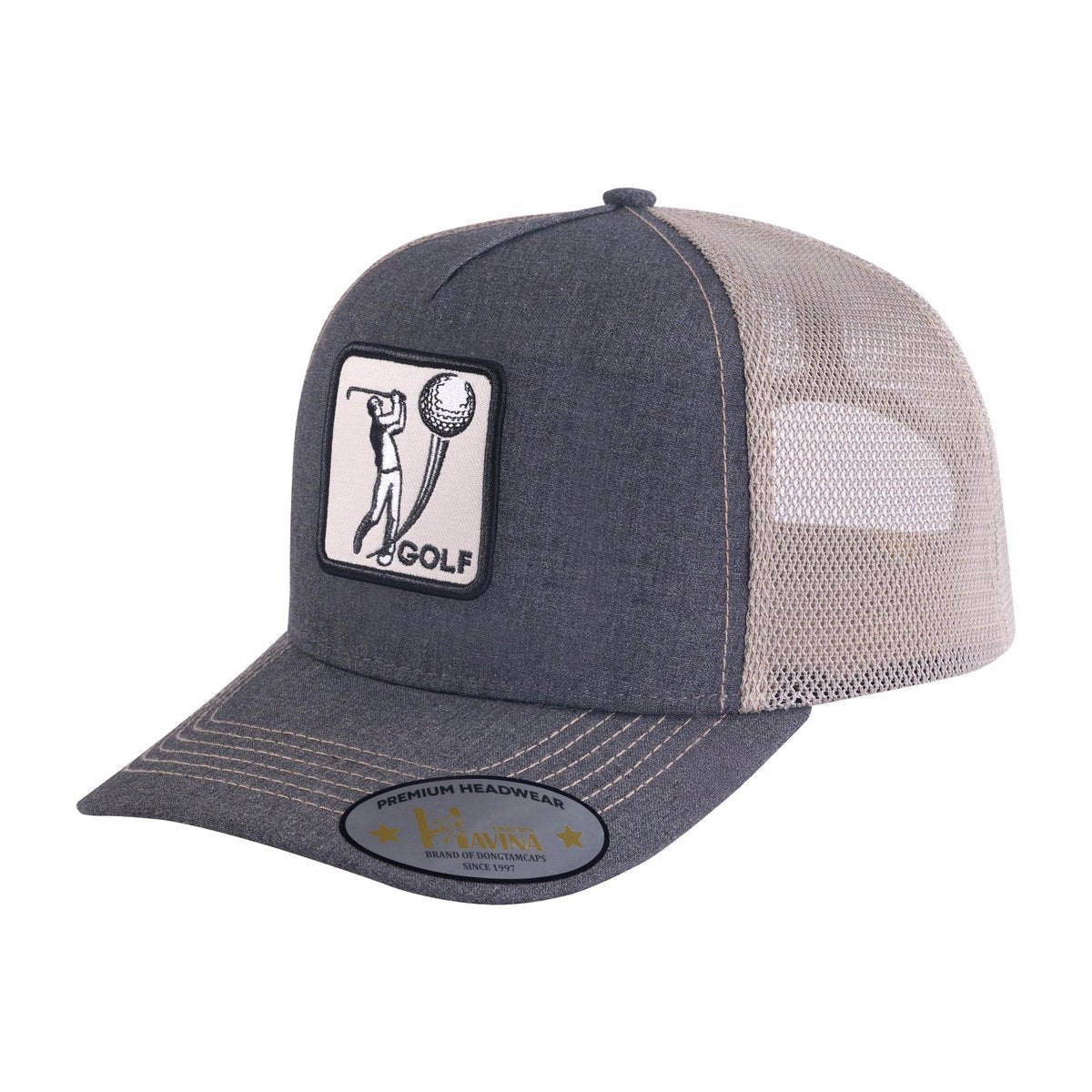 Golf 5-Panel Trucker Hat with Dark Grey front and Khaki back