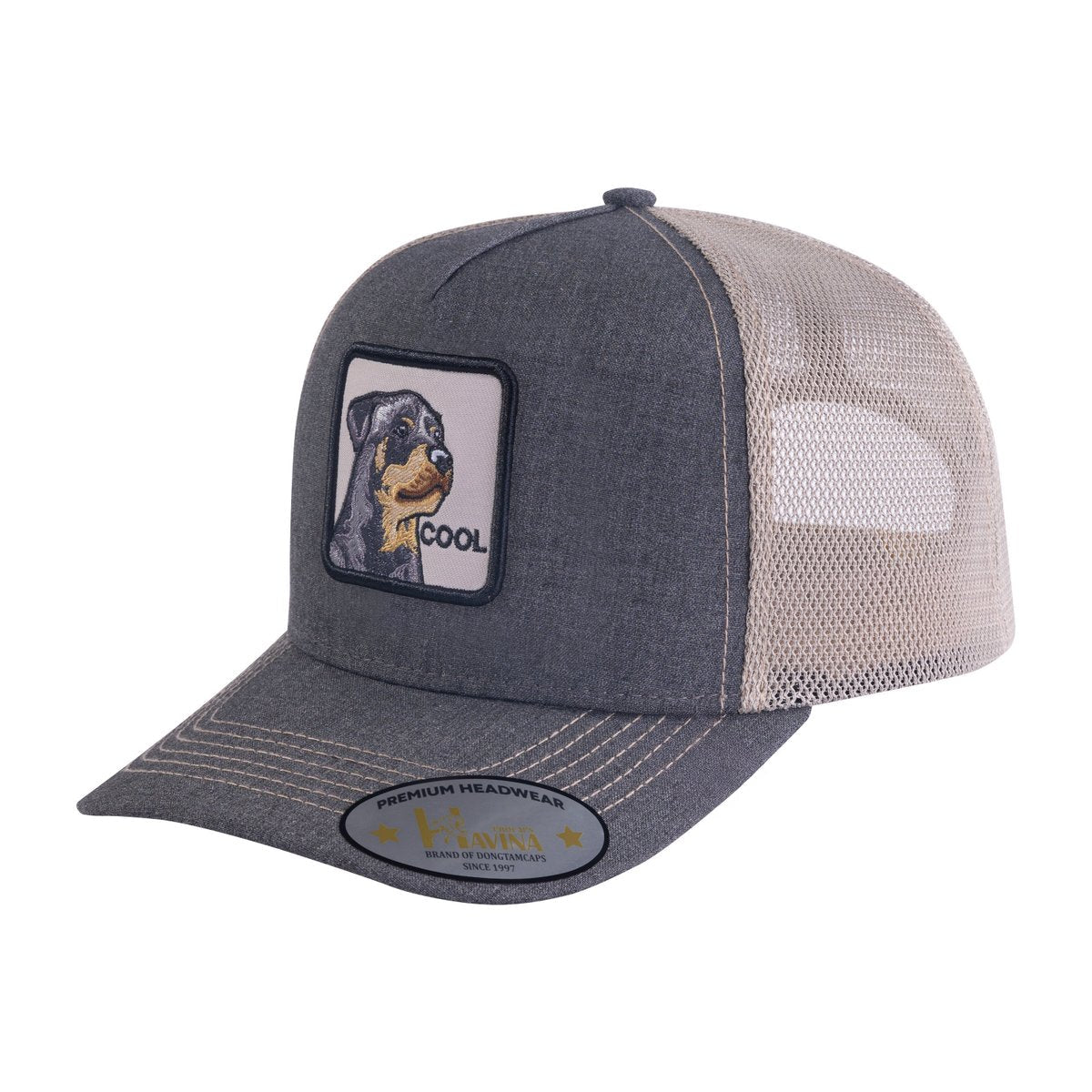 Cool Dog 5-Panel Trucker Hat with Dark Grey front and Khaki back