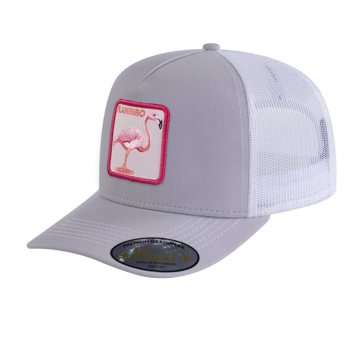 Flamingo 5-Panel Trucker Hat with Light Grey front and White back