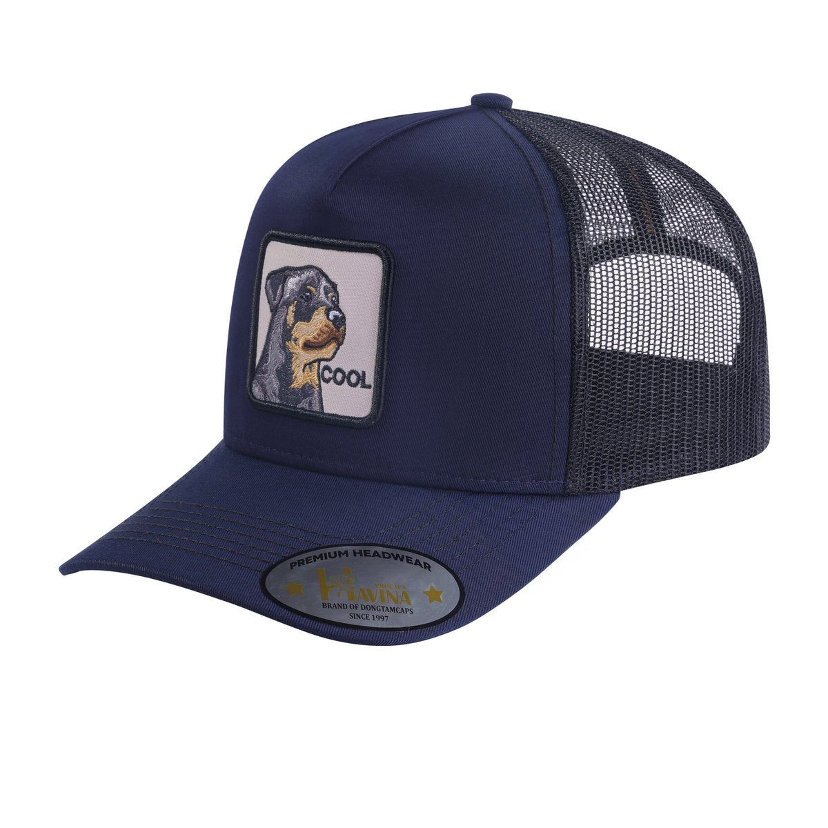 Cool Dog 5-Panel Trucker Hat with Navy front and Black back