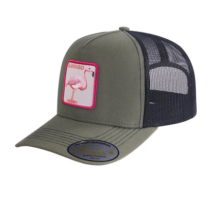 Flamingo 5-Panel Trucker Hat with Olive front and Black back