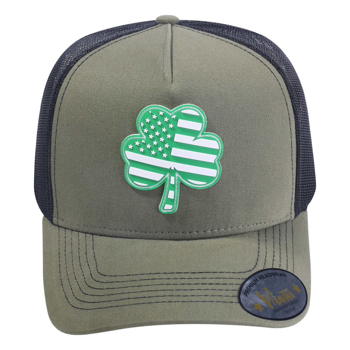 Embroidered St. Patrick'S Day Four Leaf Shamrock - 5 Panel Trucker Hat - Olive Green