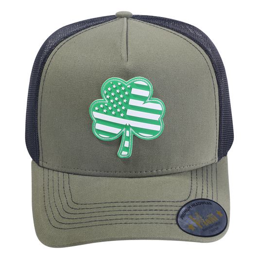 Embroidered St. Patrick'S Day Four Leaf Shamrock - 5 Panel Trucker Hat - Olive Green