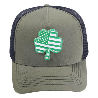 St. Patrick's Day Four Leaf Shamrock 5-Panel Trucker Hat with Olive front and Black back