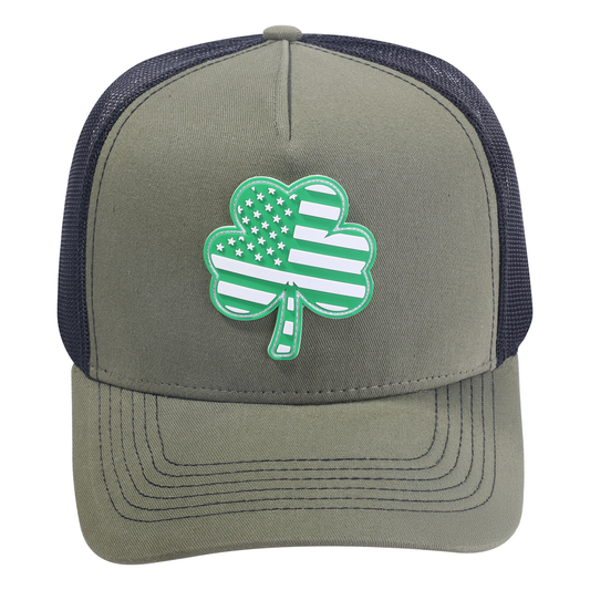 St. Patrick's Day Four Leaf Shamrock 5-Panel Trucker Hat with Olive front and Black back