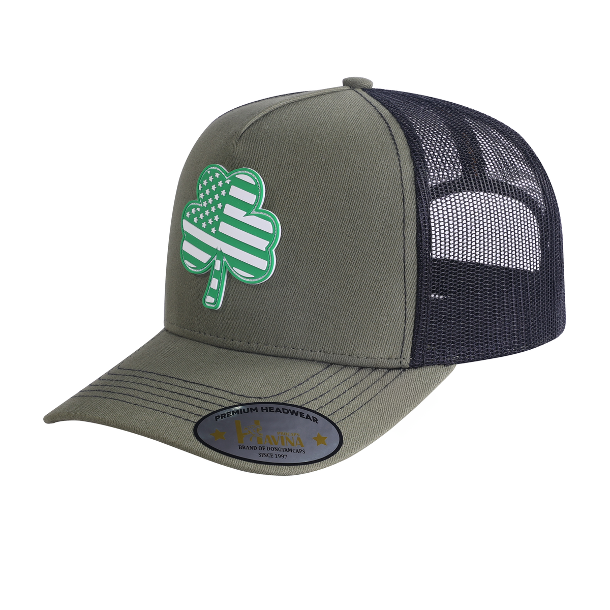 Embroidered St. Patrick'S Day Four Leaf Shamrock - 5 Panel Trucker Hat - Olive Green