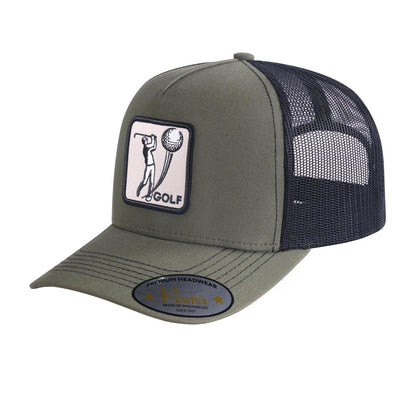 Golf 5-Panel Trucker Hat with Olive front and Black back